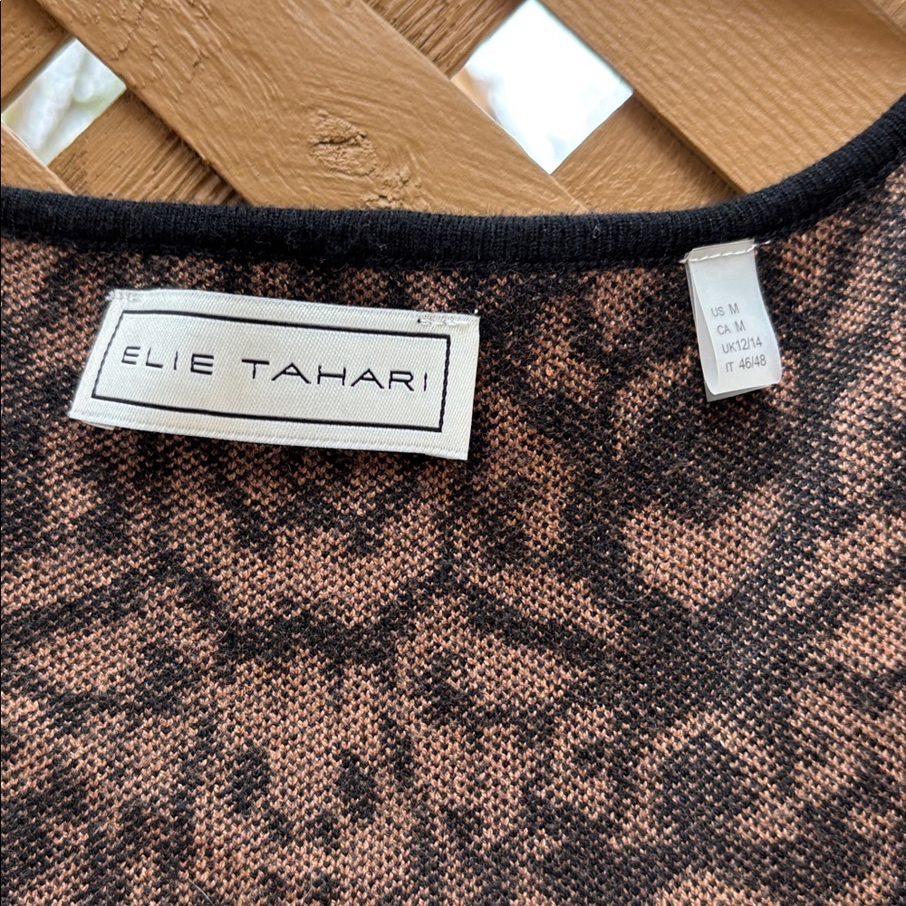 Elie Tahari Black and Brown Long Sleeve Patterned Scoop Neck Sweater Dress - Picture 2 of 7